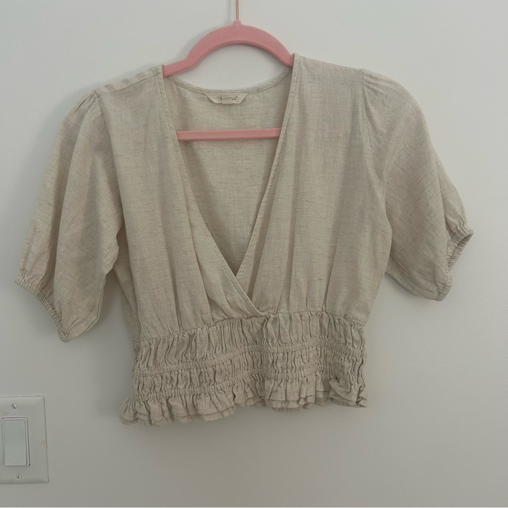 Sim & Sam Linen Blend Puff Sleeve Smocked Crop Top Women’s Small